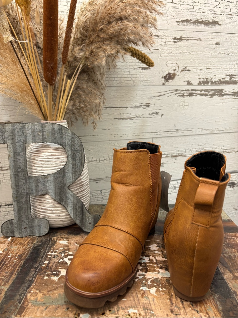 Tinstree Wedge Tan Leather Ankle Booties with Side Elastic